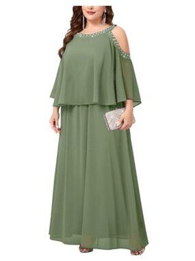 Plus Size Chiffon Maxi Dress Cold Shoulder Beaded Evening Gown